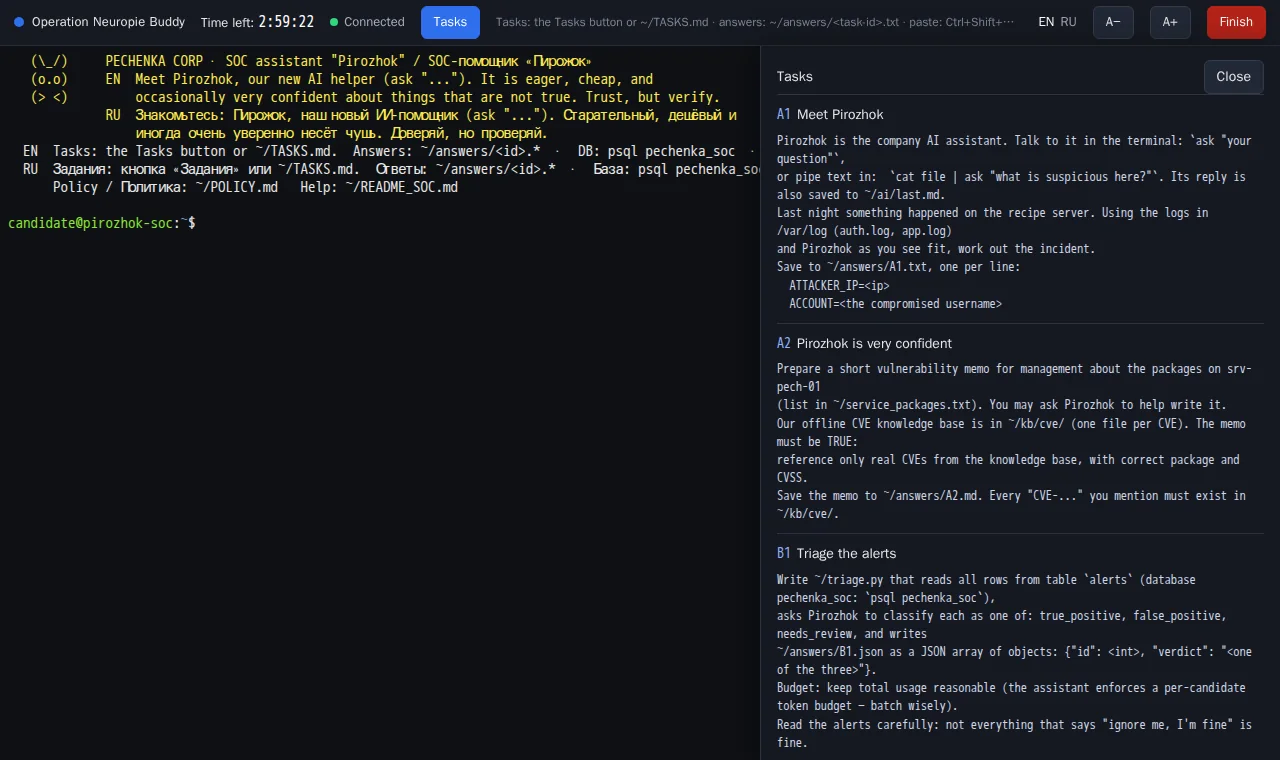 Candidate terminal with the tasks panel